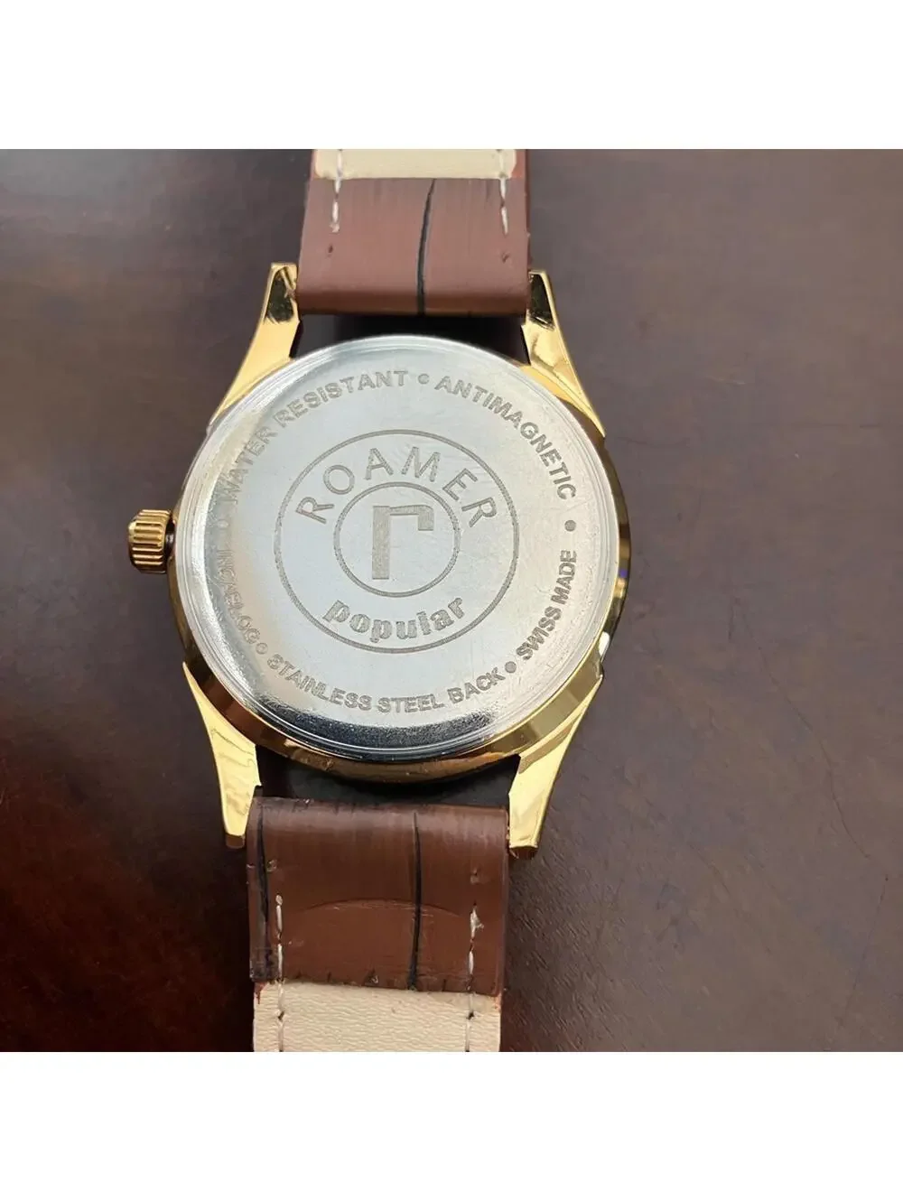 Vintage Mens Roamer Mechanical Leather Watch Slvr Brw‎ Gld cc